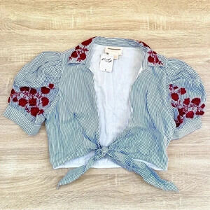 NWT Rococo Sand Embroidered Short Sleeve Top Blue White Stripe